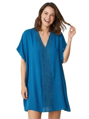 Time And Tru Teal Boho Embroidered Beach Cover Up Kaftan Tunic Dress in size 4/6